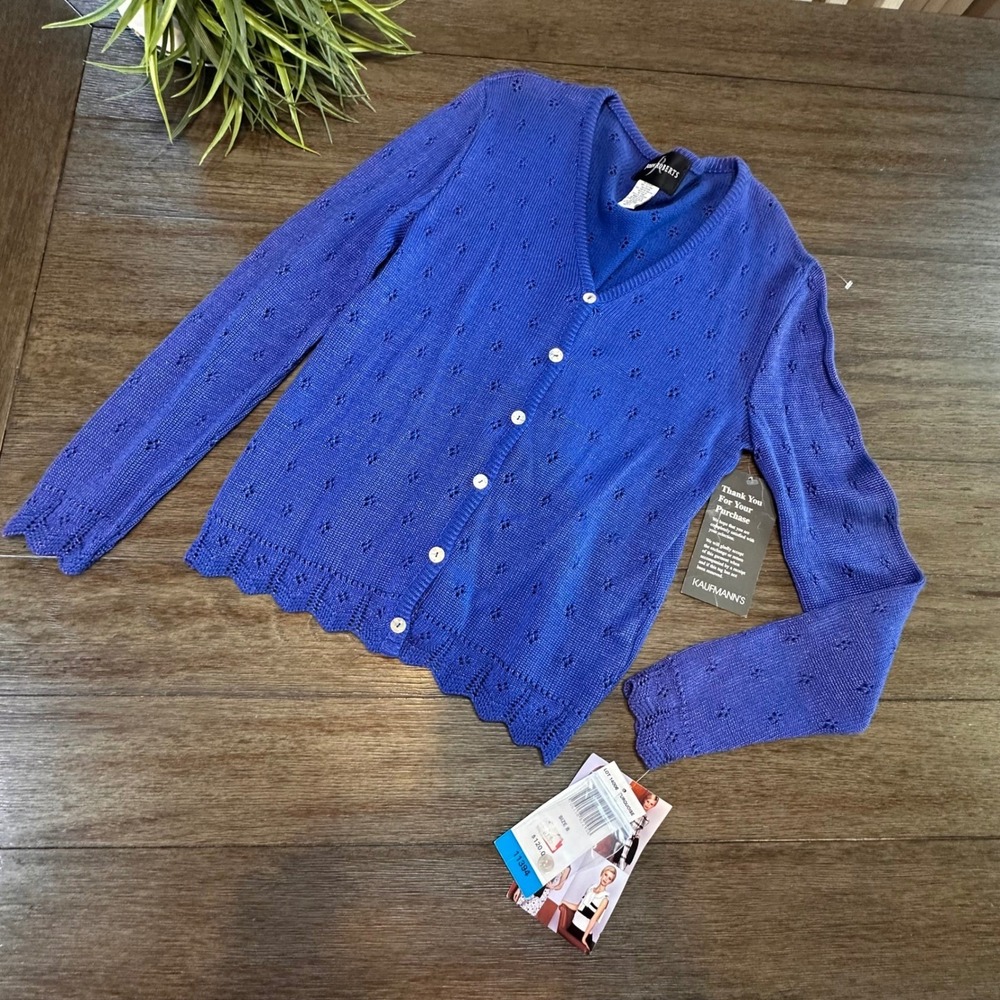 VTG NWT John Roberts‎ Blue Knit Crocheted Eyelet Cardigan Button Front Sweater M